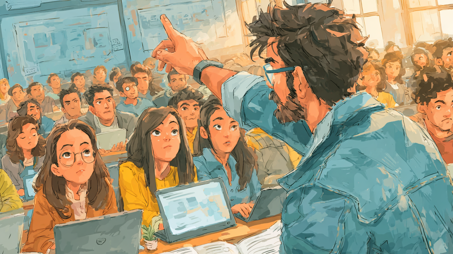 Indian college classroom with students using laptops, teacher discussing AI tools on a digital screen.