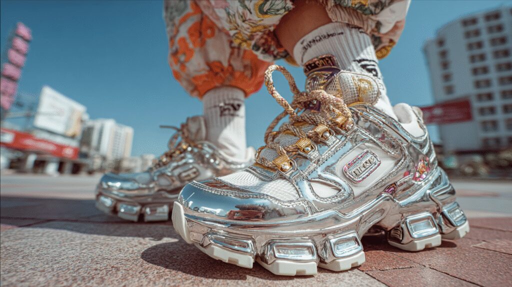 person wearing futuristic warped sneakers in an urban minimalist setting, the focus is on the shoes with strong lighting and clean background, shot in Bangkok