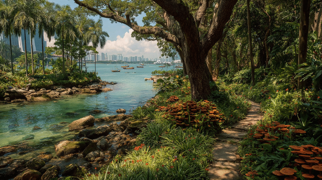 Scientists examining colorful fungi on Singapore's Southern Islands amidst lush tropical scenery.