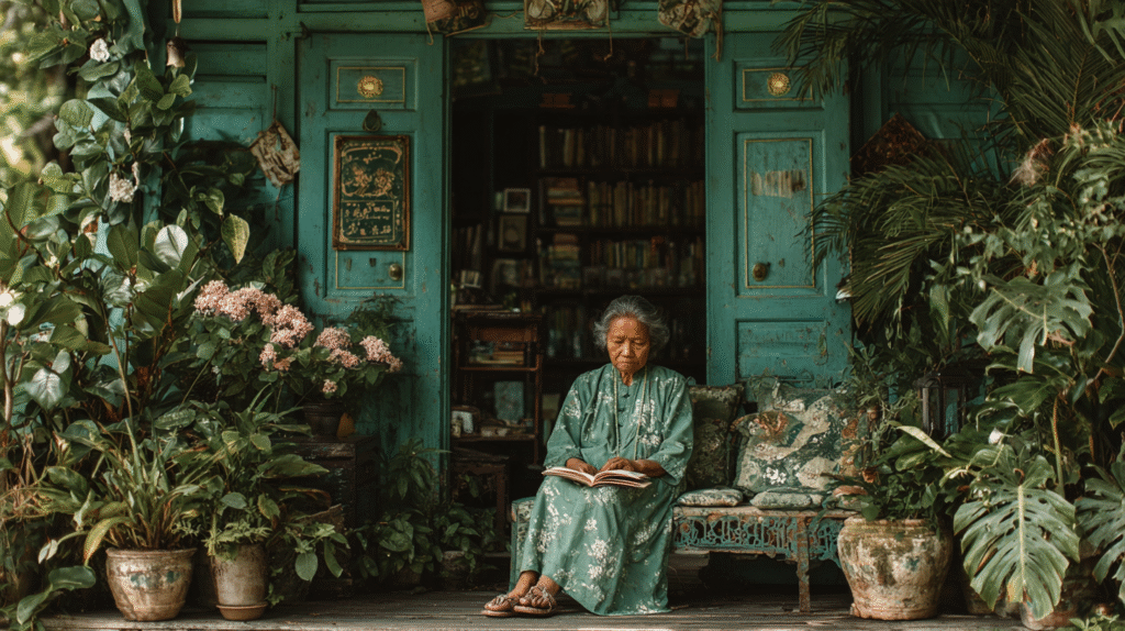 An elderly woman reading a book of inspirational quotes on a porch, with tropical plants around her.