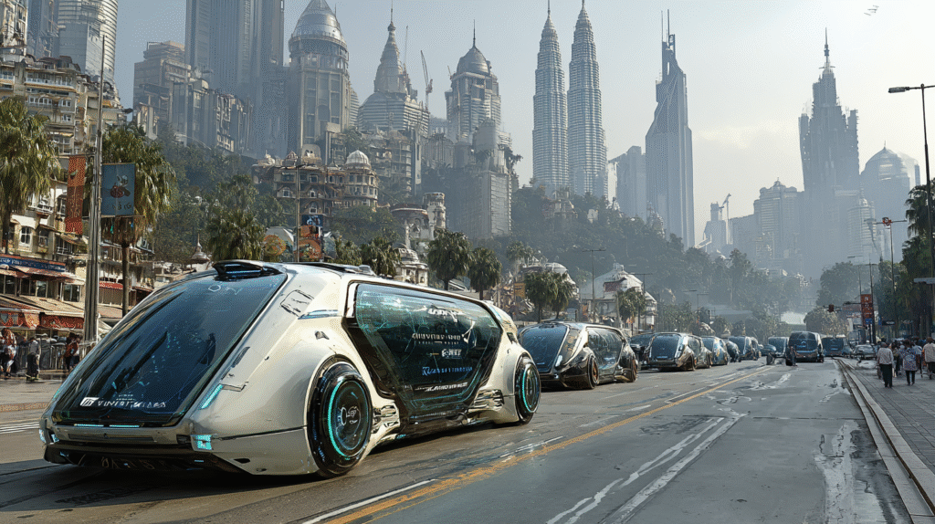 A futuristic Malaysian cityscape with a fleet of sleek, modern vehicles with route optimization.