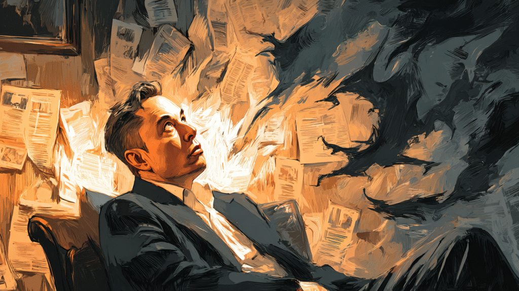 Illustration of Elon Musk in a dark room with swirling newspaper clippings, evoking mystery and intrigue.