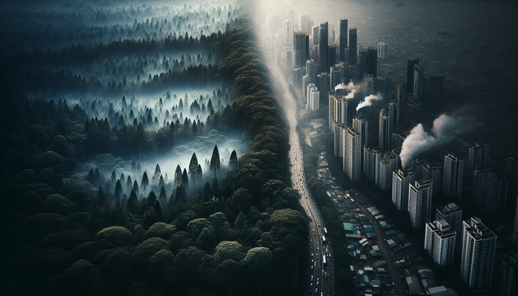 A striking image showing pristine natural landscapes juxtaposed with urban expansion, illustrating the conflict between nature and human development.