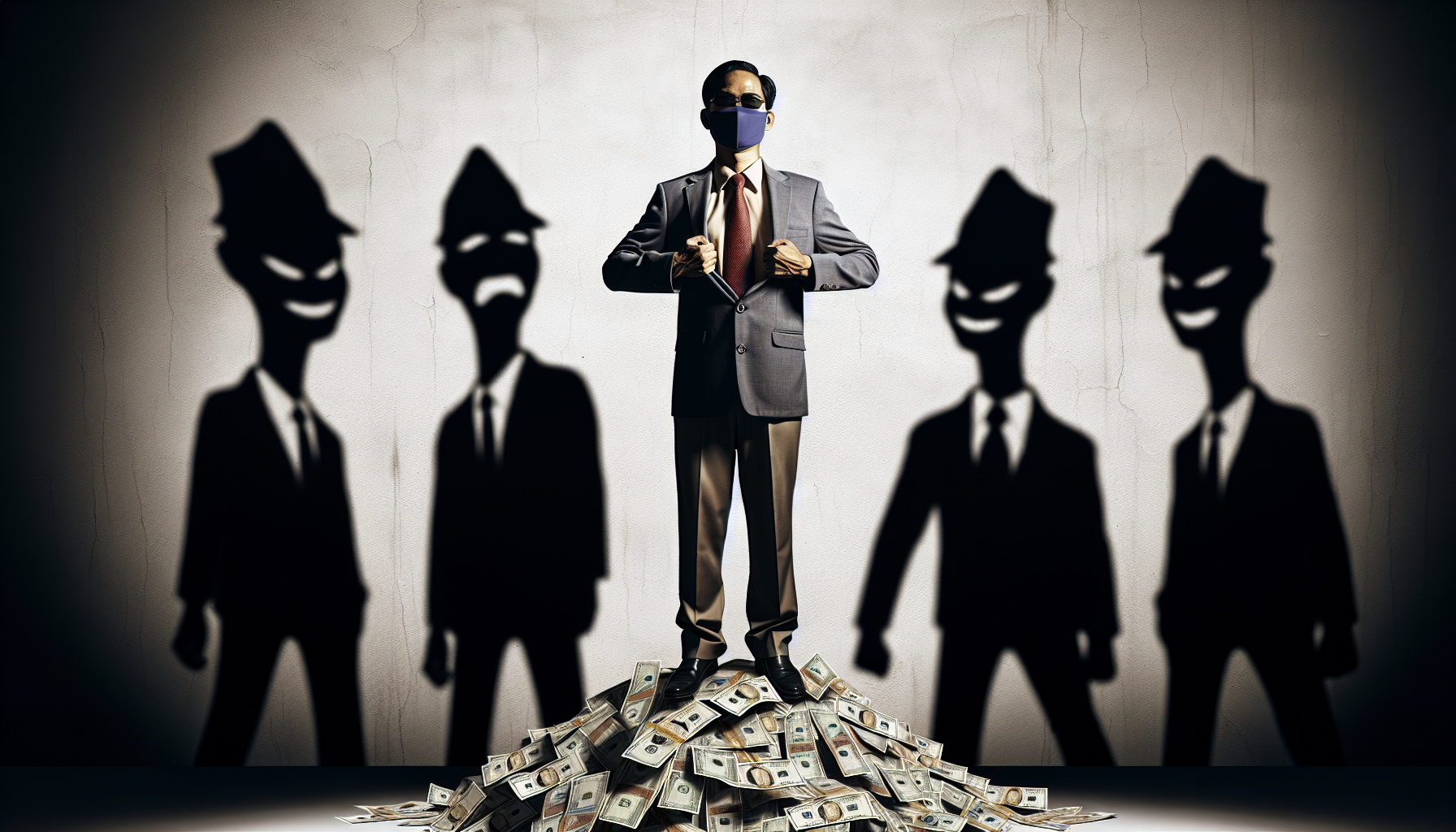 A Southeast Asian official standing on a pile of money with shadows of corruption looming behind.