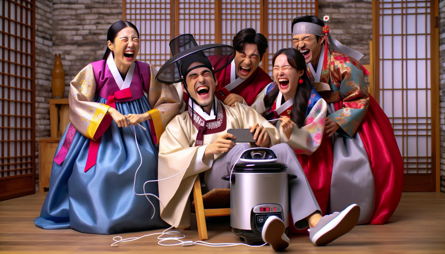 Characters in traditional Korean attire laughing at a modern, absurd comedy scene.
