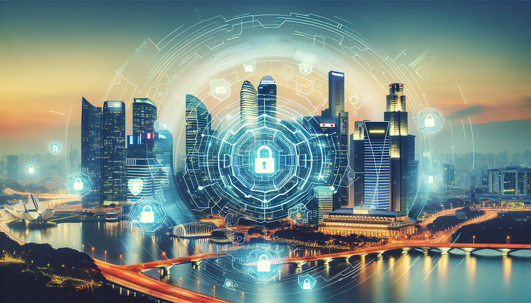An illustration of Singapore's skyline with Meta's logo and cybersecurity symbols, depicting the fight against online scams.