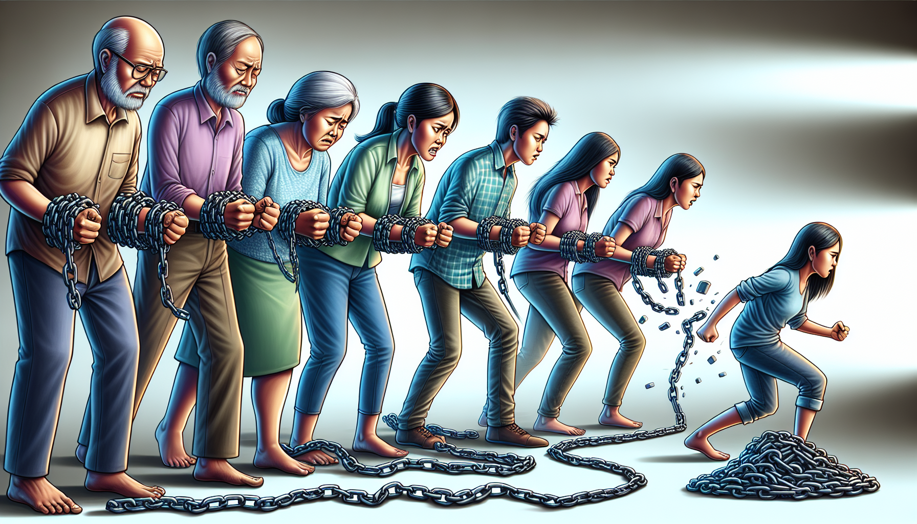 A metaphorical image of a Southeast Asian family breaking chains of emotional baggage.