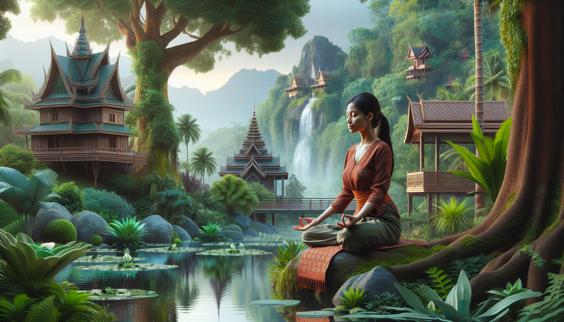 A person meditating in a peaceful Southeast Asian setting, surrounded by nature and traditional symbols of calmness and strength.