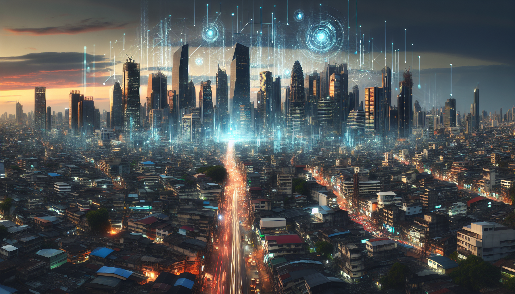 A hi-tech city skyline in Southeast Asia with digital projections over aging slums and traffic chaos